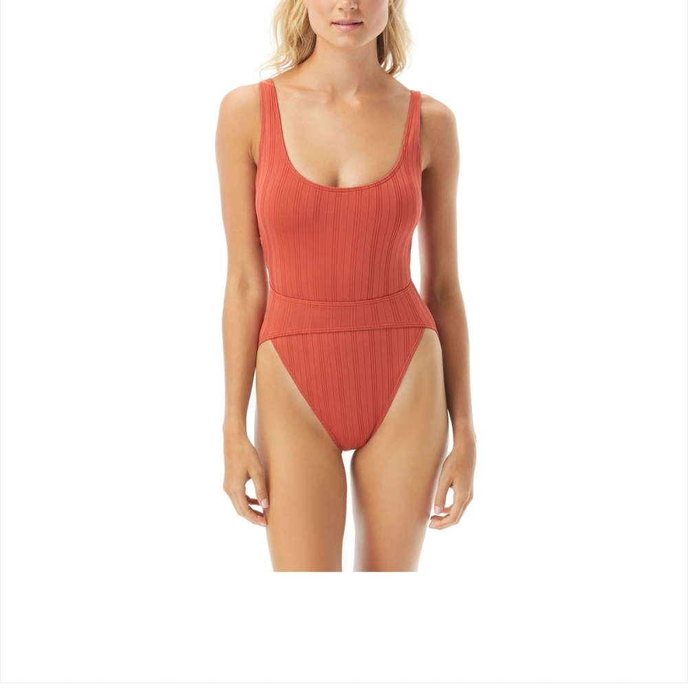 Vince Camuto Brown One-Piece Swimsuit High-Leg Ribbed Size 12